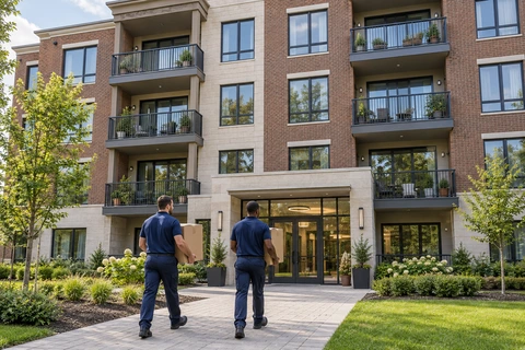 Two movers carrying boxes toward the shared entrance of a multi-story apartment building with balconies.