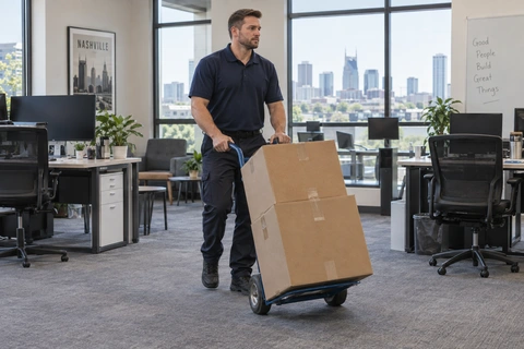 A mover transporting office boxes on a hand truck.