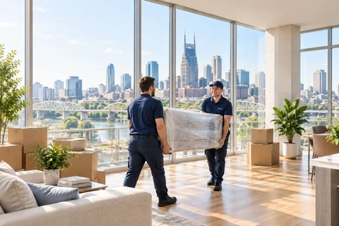 Two professional movers carrying carefully wrapped furniture in a bright Nashville home.