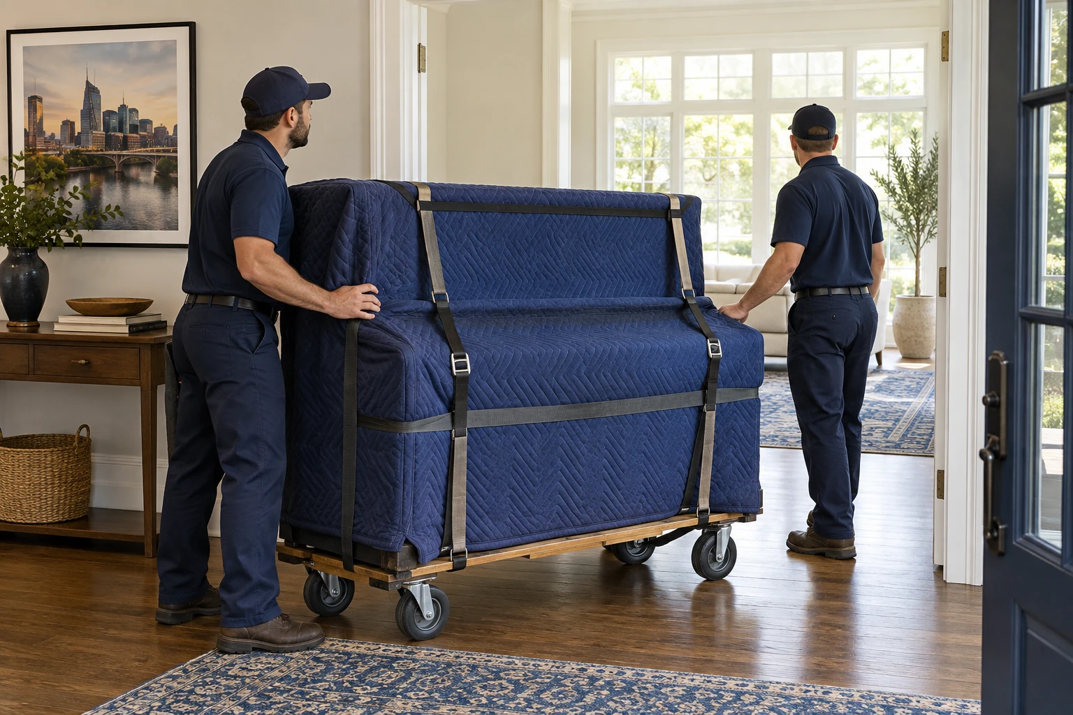 Two movers with a protected upright piano on a wheeled dolly.