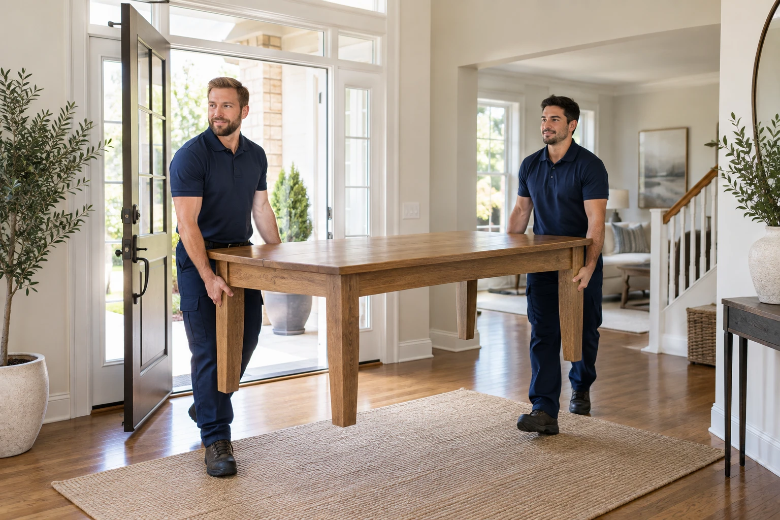 Two movers carrying a wooden dining table through a wide doorway.