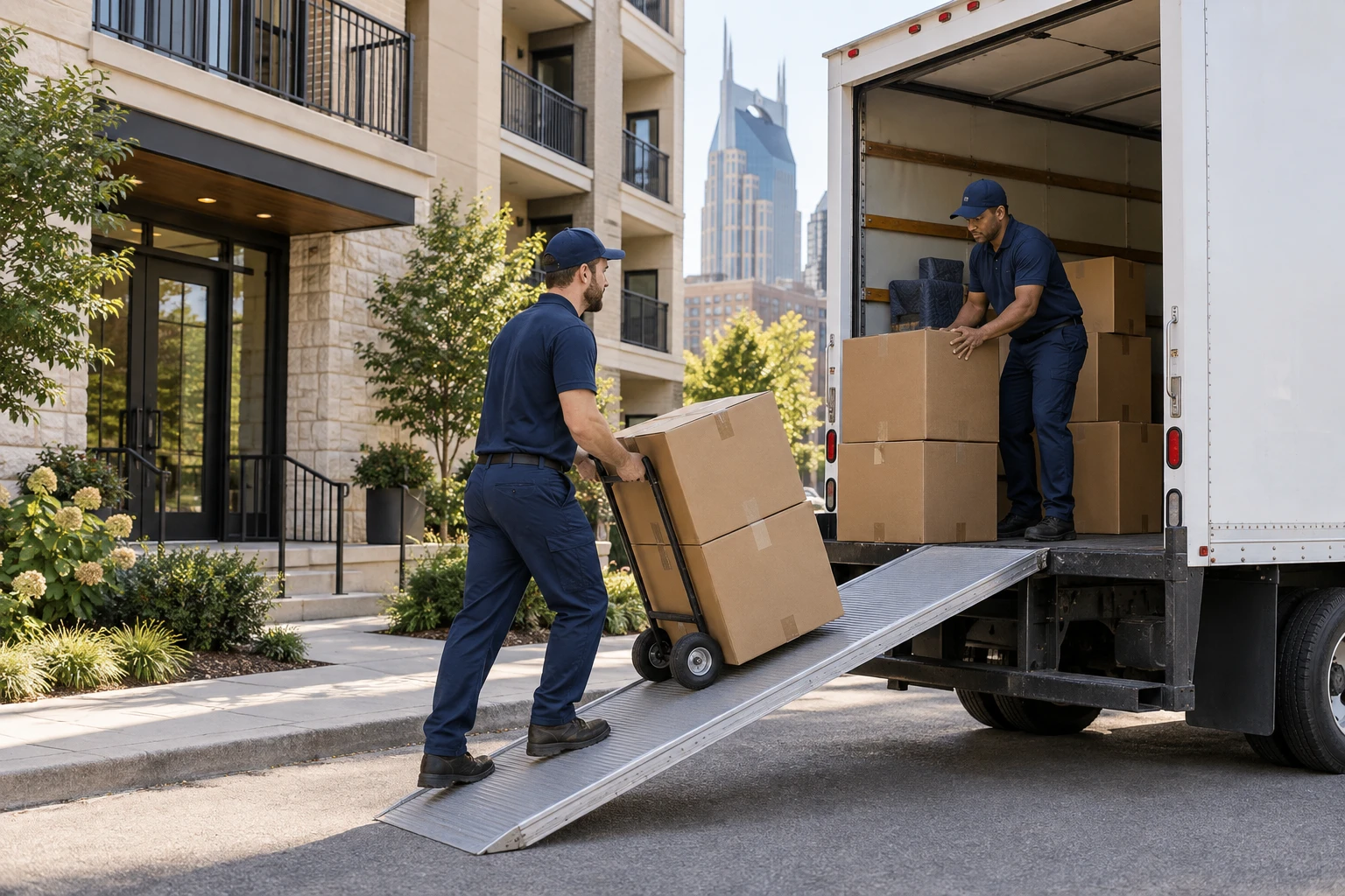 Movers loading boxes into a truck outside an apartment building.