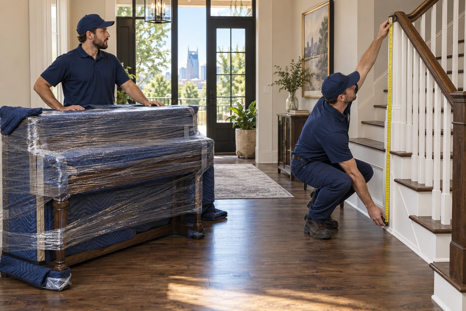 Movers measuring a staircase route beside a protected upright piano.