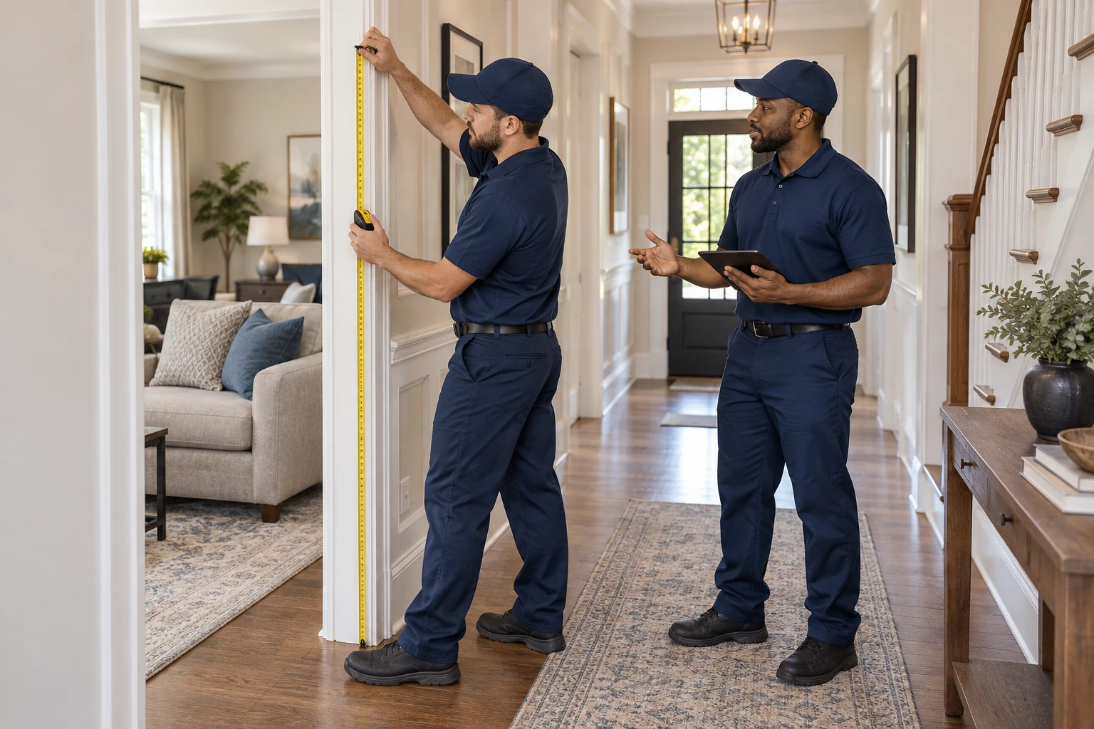 Movers measuring a doorway and planning the route for furniture.