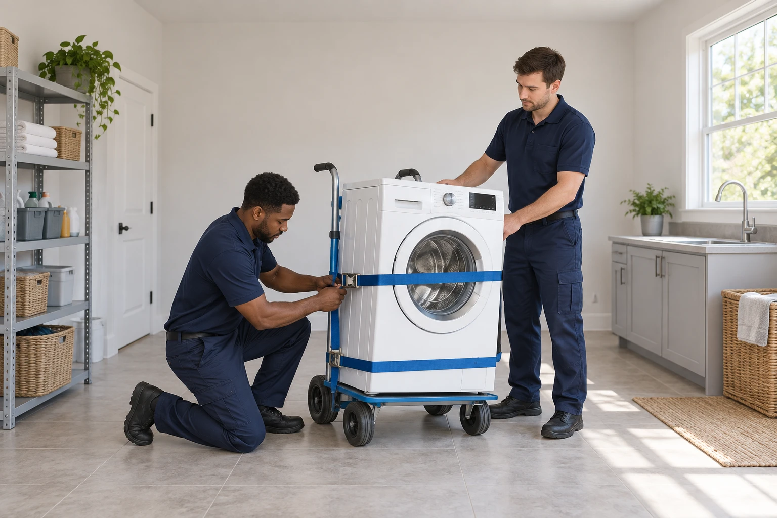 Two movers securing a washing machine to a wheeled appliance dolly.