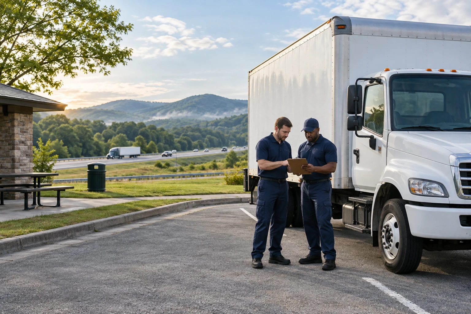 Movers reviewing a clipboard beside a moving truck at a Tennessee rest stop.