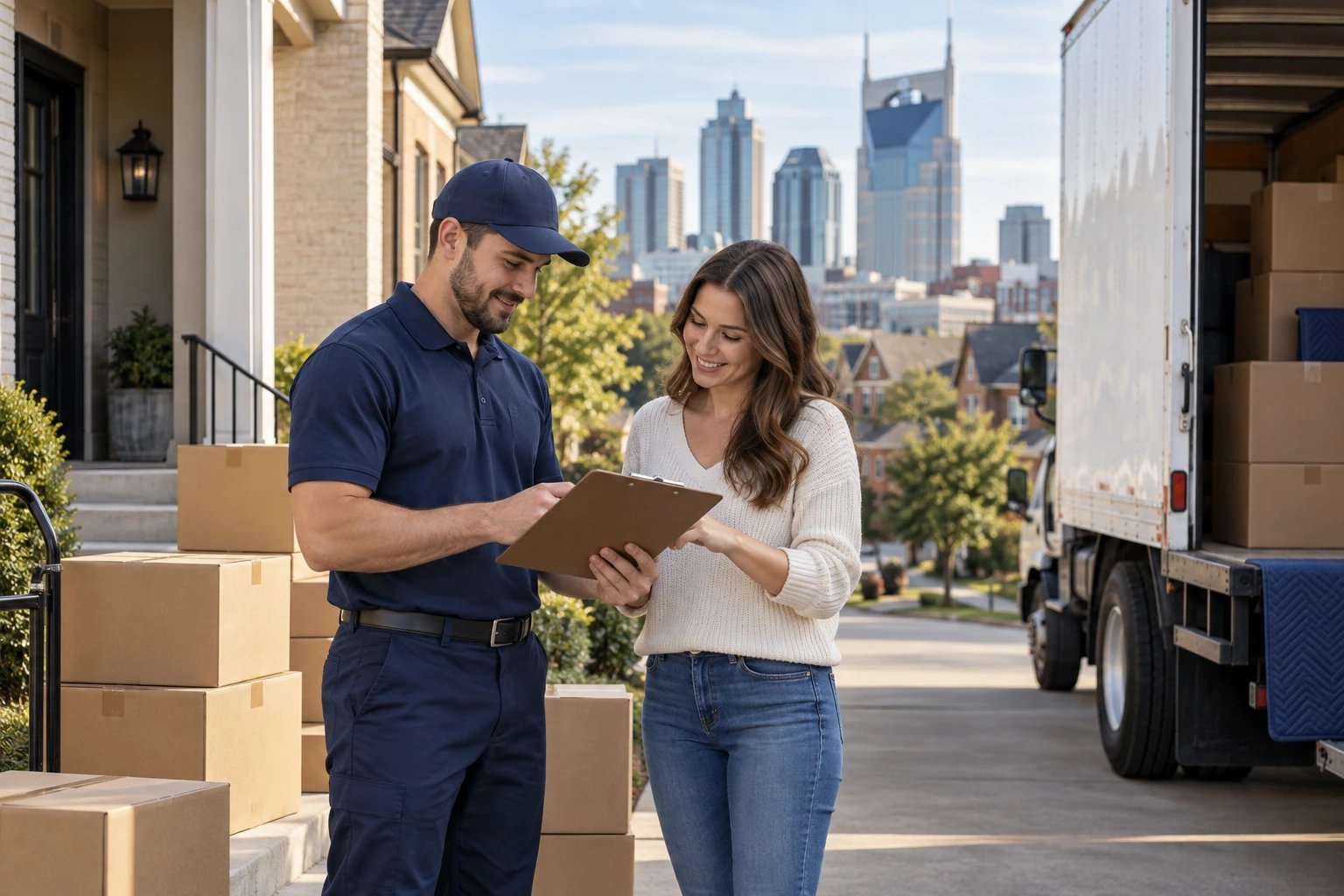 A mover reviewing a moving checklist with a customer beside a truck.