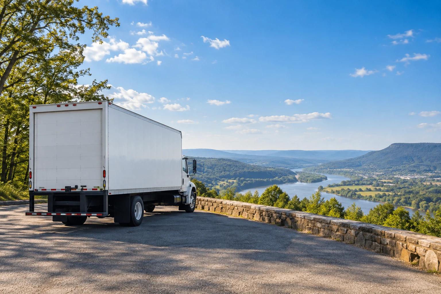 A moving truck parked beside a scenic Tennessee highway overlook.