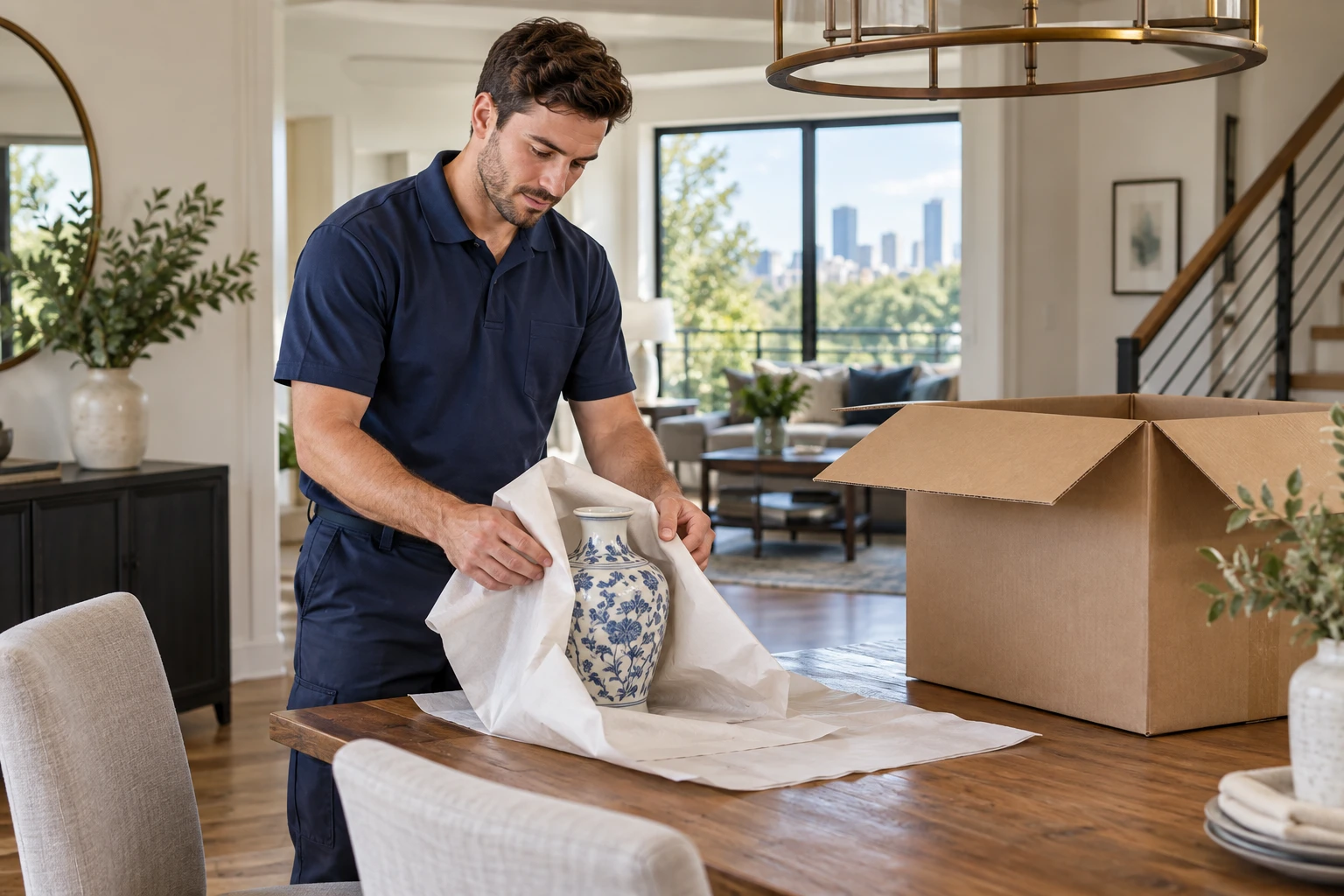 A mover wrapping a ceramic vase in packing paper beside an open box.