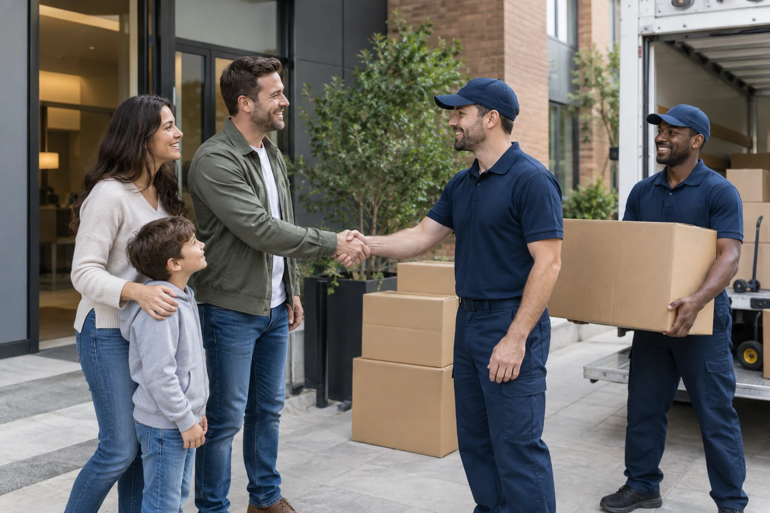 A family greeting movers outside their new apartment building.
