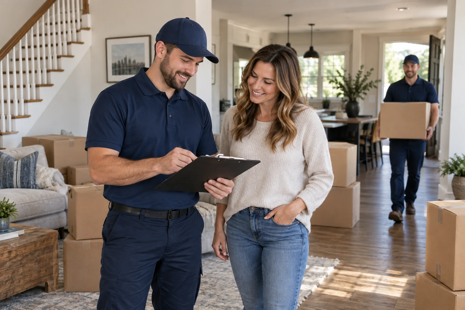 A mover reviewing an inventory with a customer while a colleague carries a box.