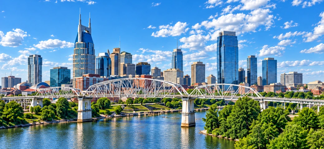 Nashville skyline and bridge over the Cumberland River.