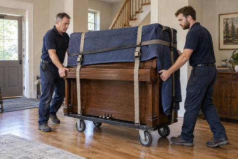 Two movers guiding a padded upright piano on a moving dolly.