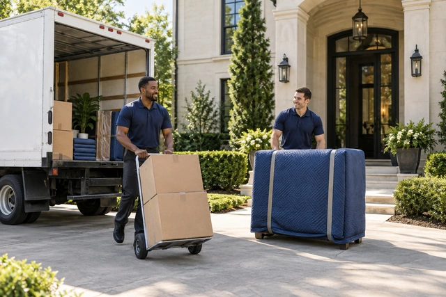 Movers preparing boxes and protected furniture beside a moving truck.
